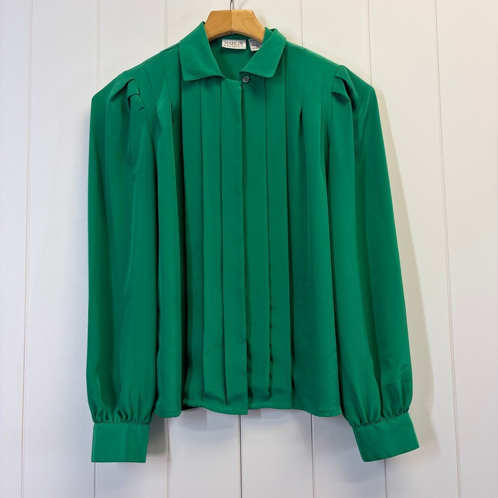 Vintage Marlis 80s 90s Secretary Top Women Size 4 Kelly Green Modest Career Chic